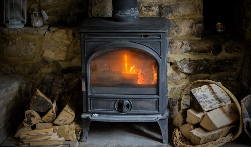 Fire burning in a wood burning stove with logs nearby.