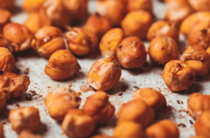 A close-up of dehydrated spiced chickpeas.